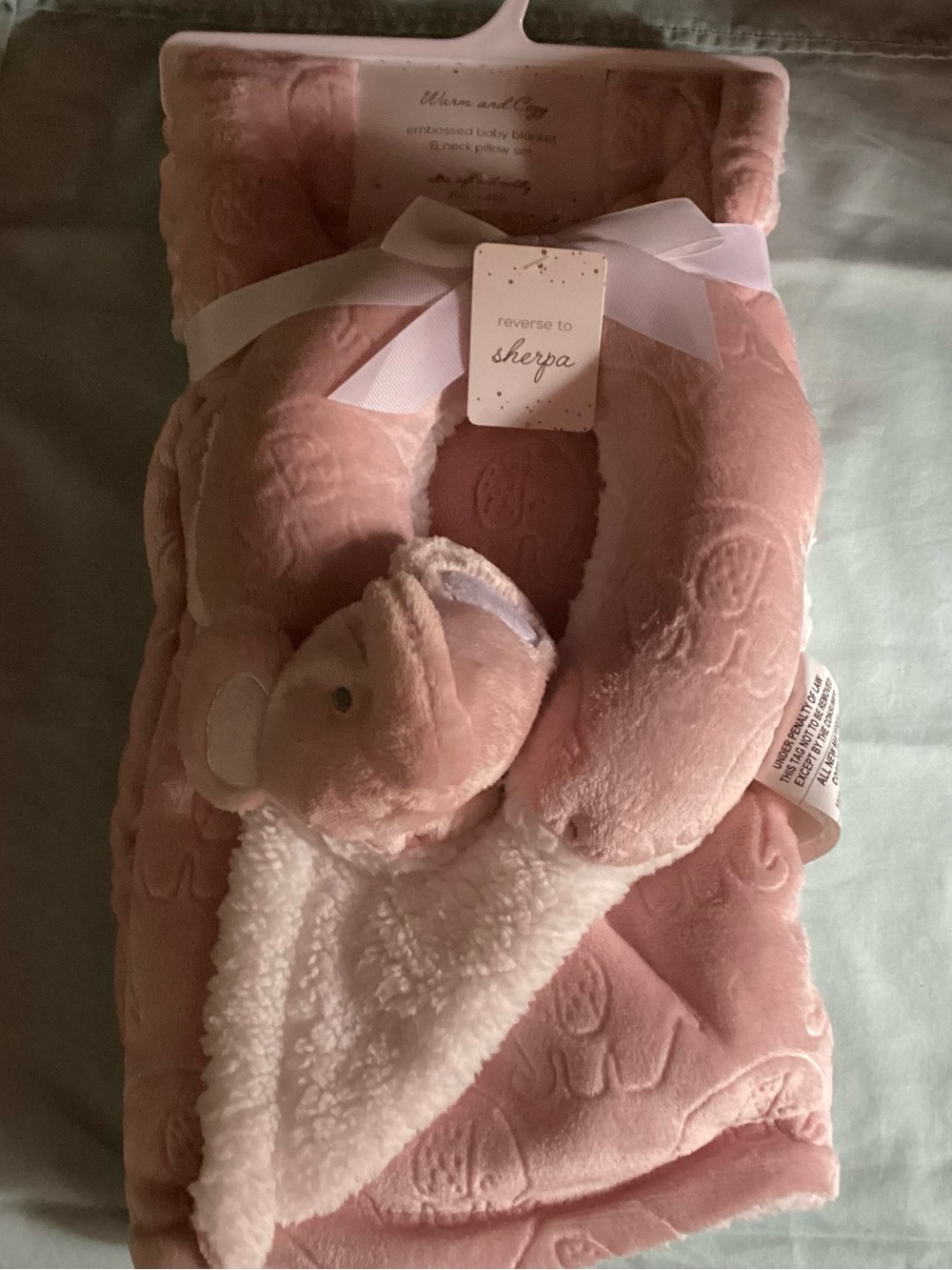 Warm & Cozy Elephant Embossed Mauve Pink Baby Blanket & Neck Pillow Set NWT